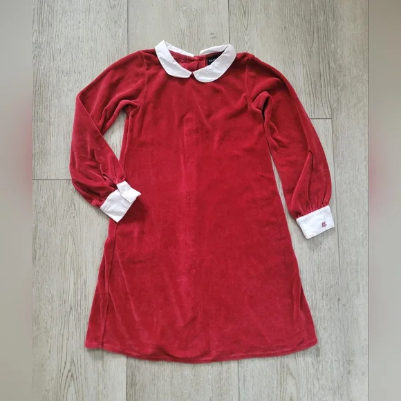 Ralph Lauren Girls' Red Velour Peter Pan Collar Button Back Dress 6Y
